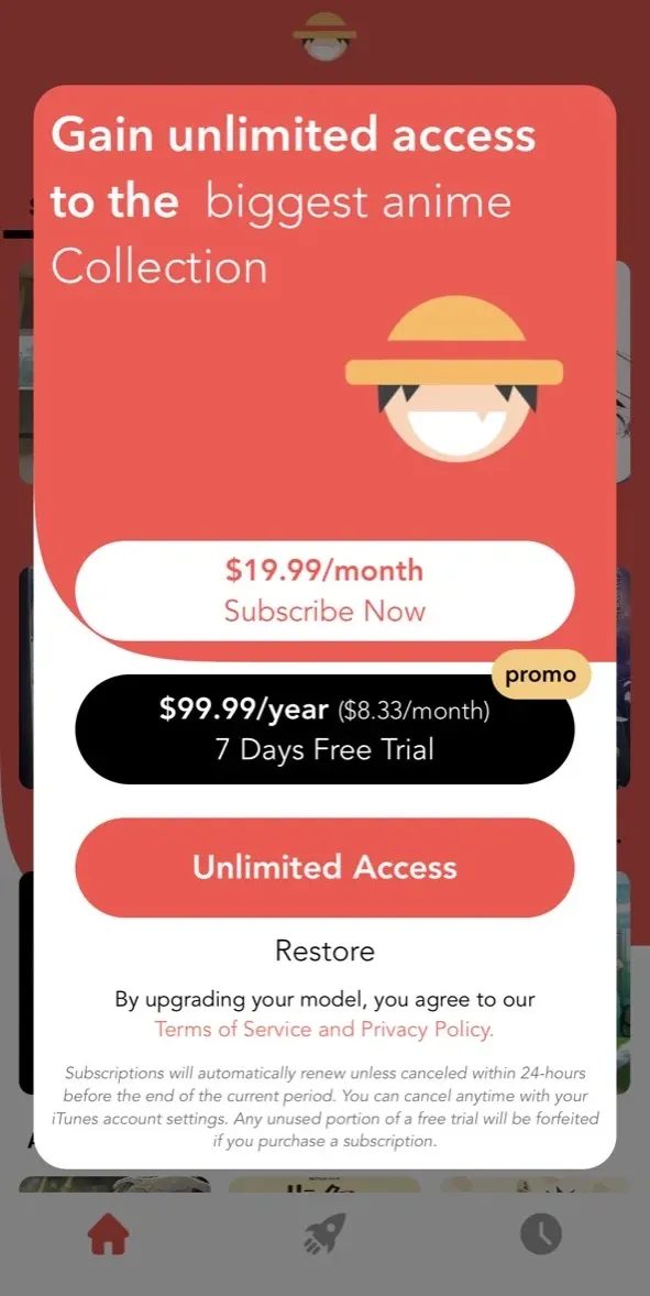 The paywall screen of the true app