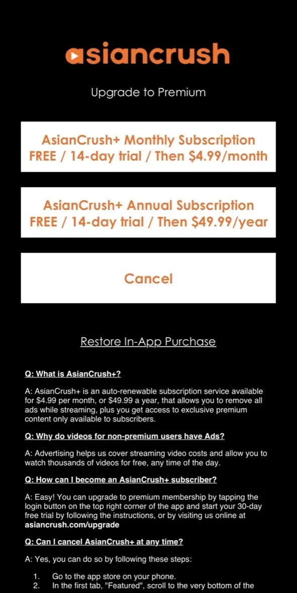 The paywall screen of the AsianCrush app