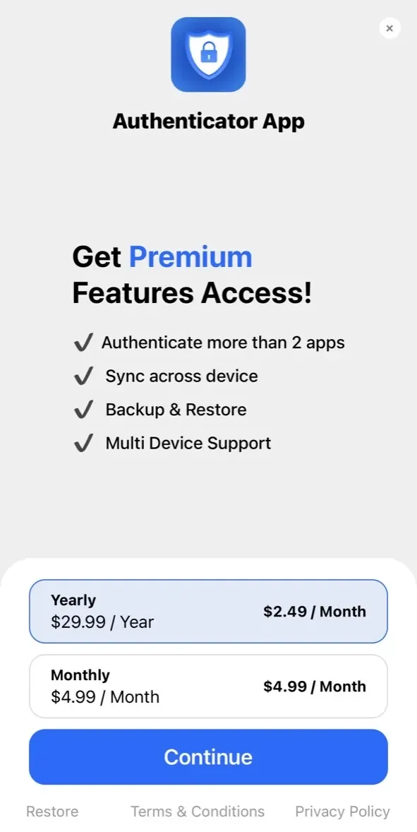The paywall screen of the Authenticator app app