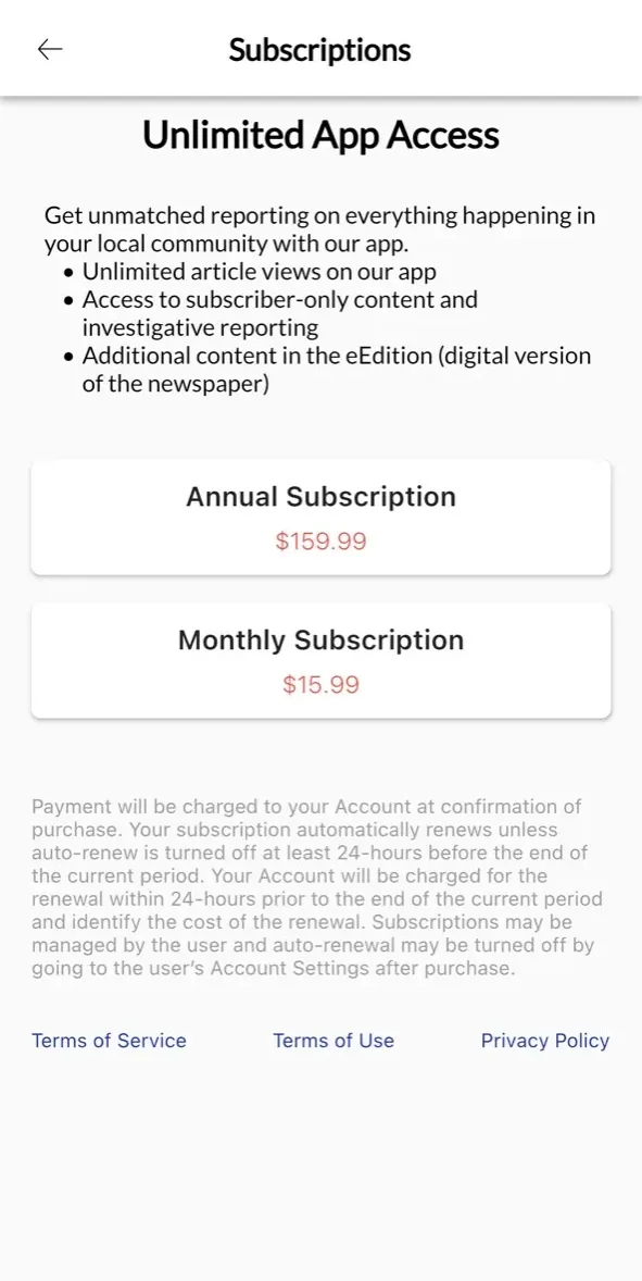 The paywall screen of the true app