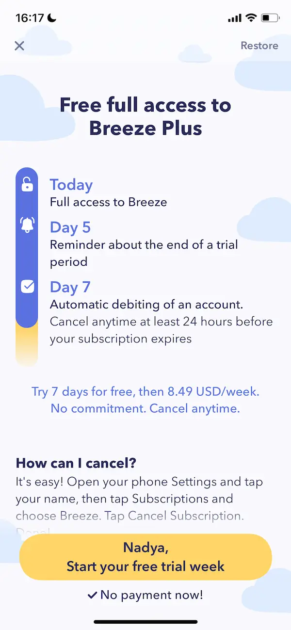 The paywall screen of the Breeze app