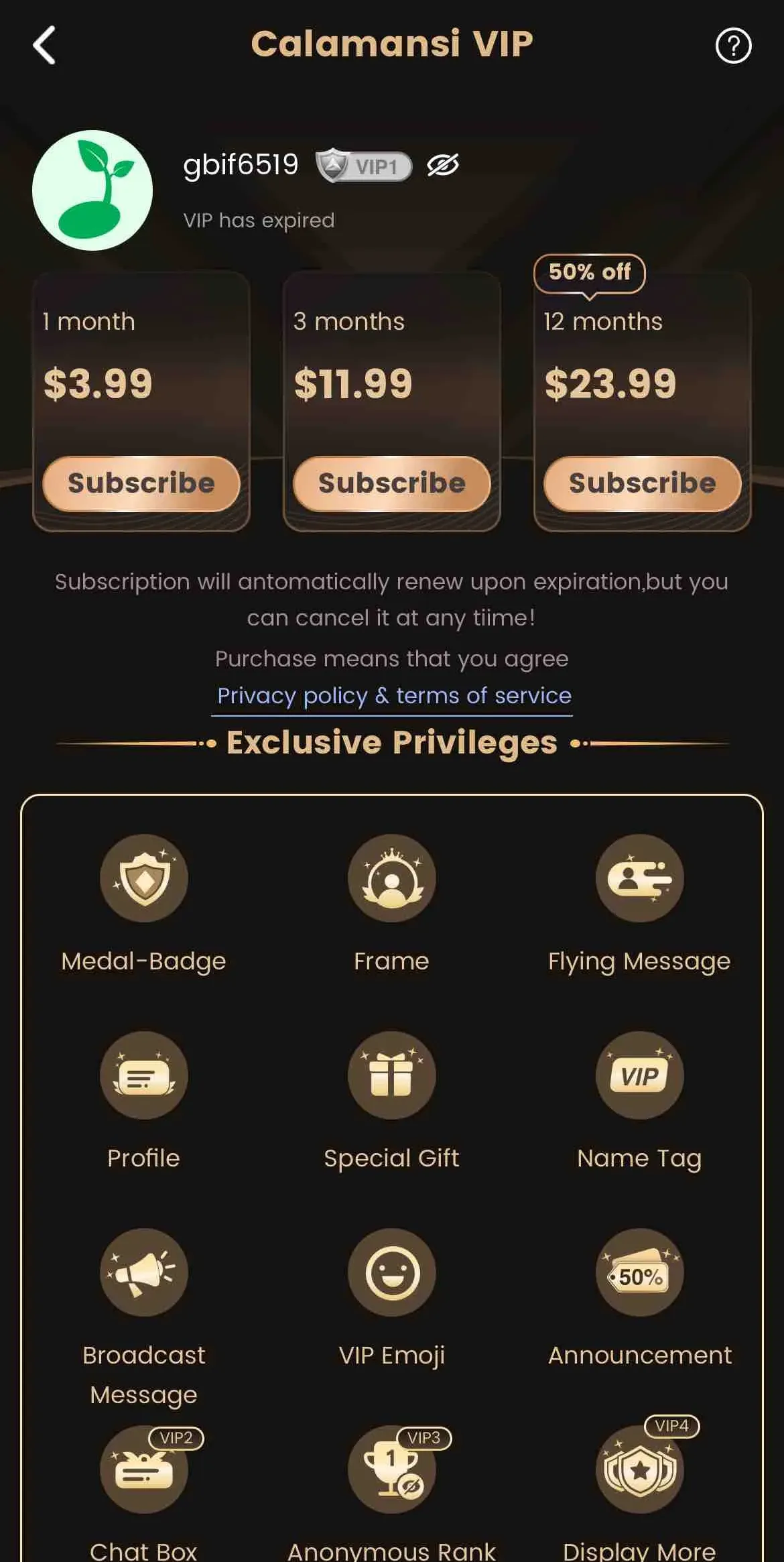 The paywall screen of the true app