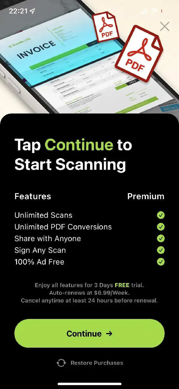 The paywall screen of the Camera Scanner app