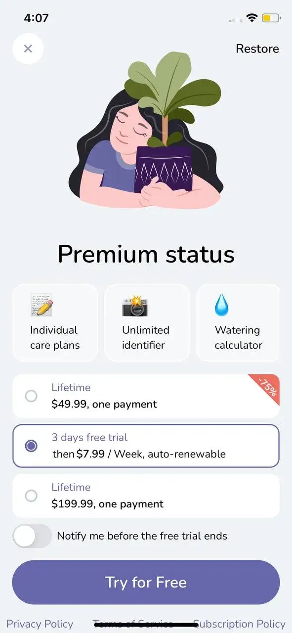The paywall screen of the Plantfie app