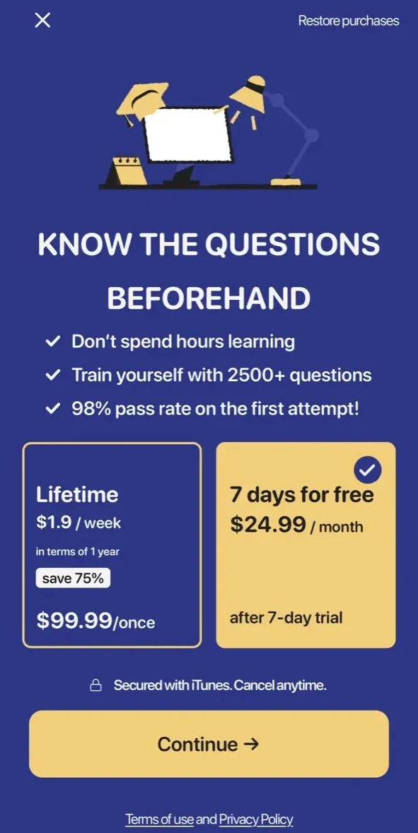 The paywall screen of the CDL Permit app