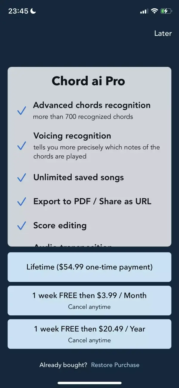 The paywall screen of the Chord ai app