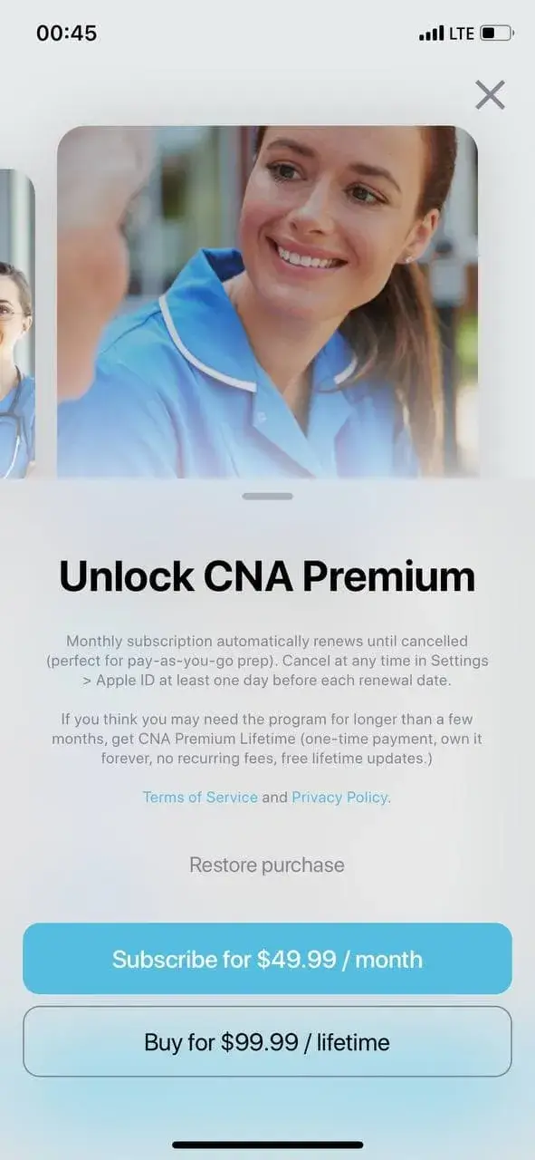 The paywall screen of the CNA Practice Test app