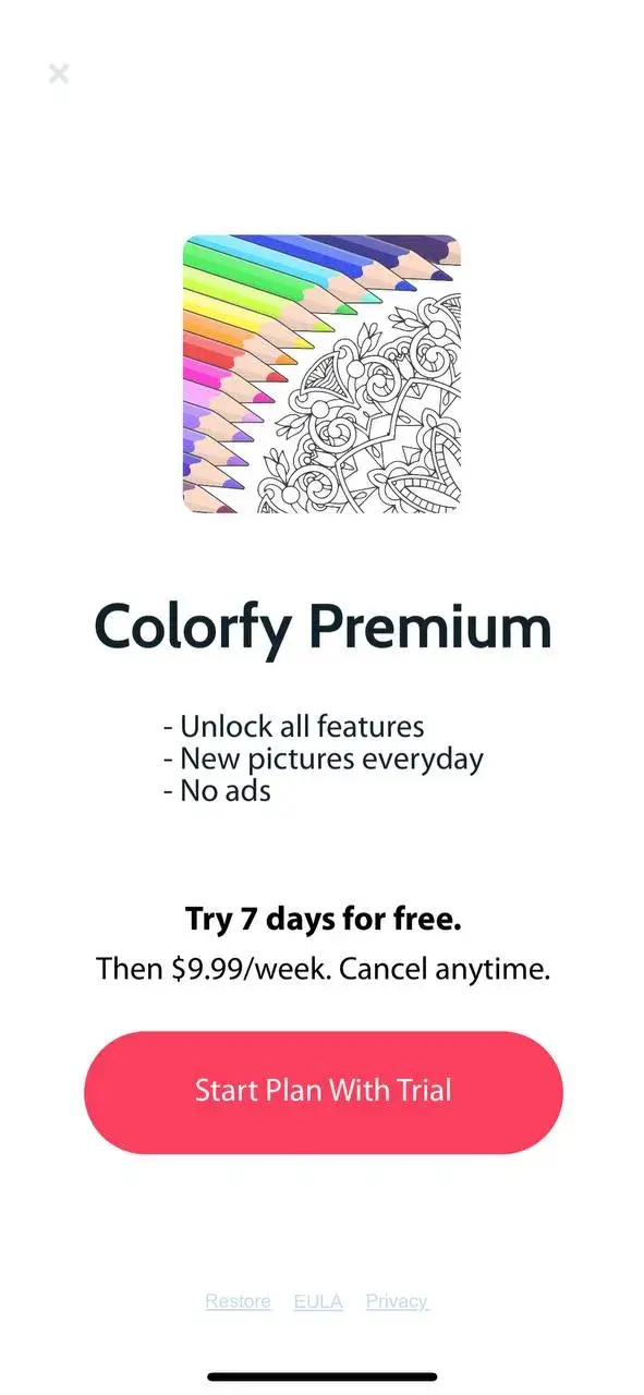 The paywall screen of the Colorfy app