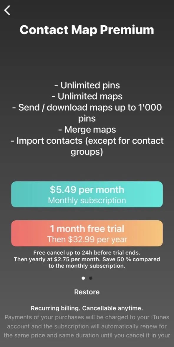 The paywall screen of the Contact Map app