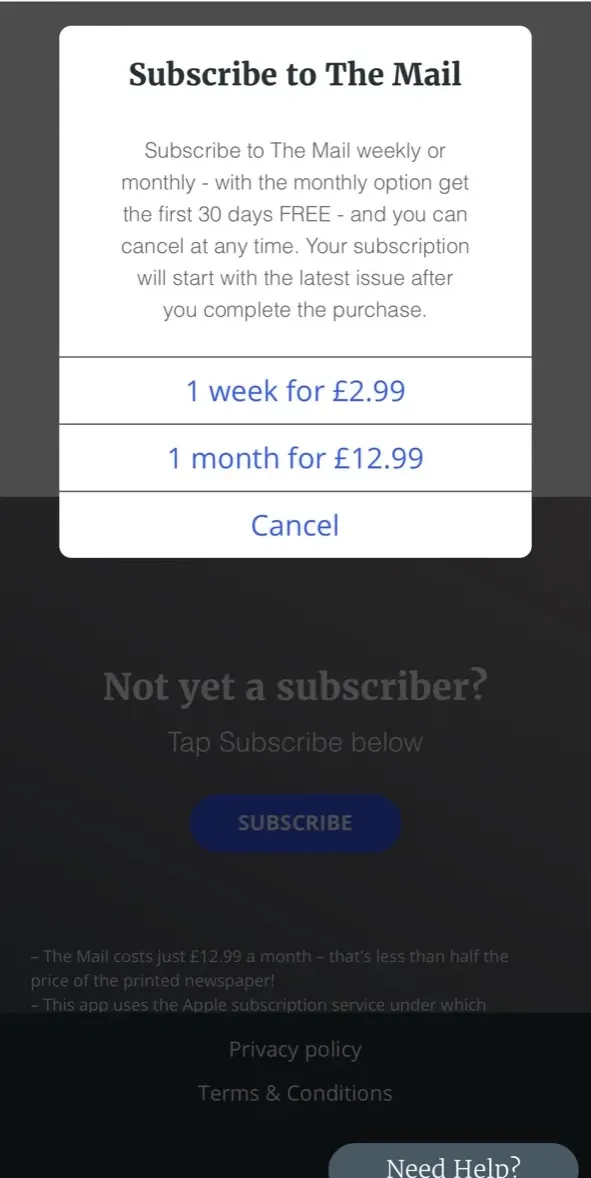 The paywall screen of the true app