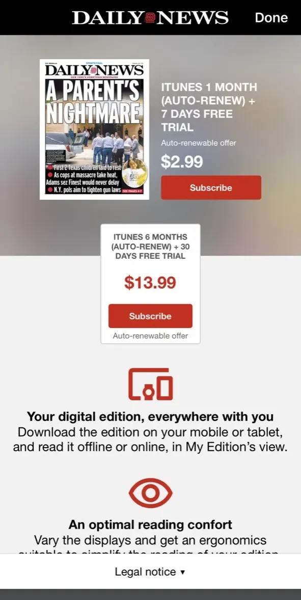 The paywall screen of the Daily News app