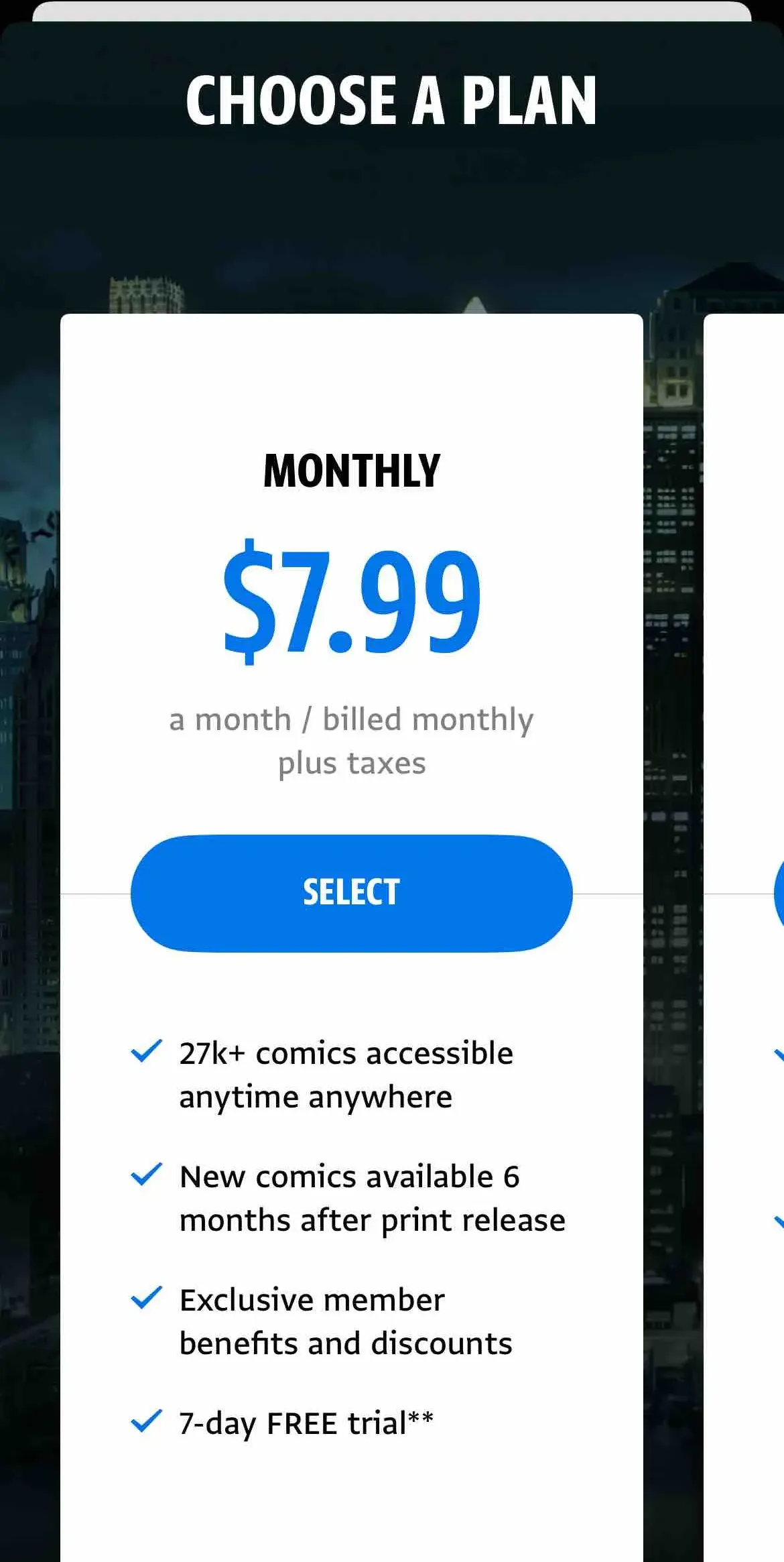 The paywall screen of the DC UNIVERSE INFINITE app