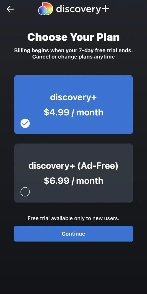 The paywall screen of the discovery+ app