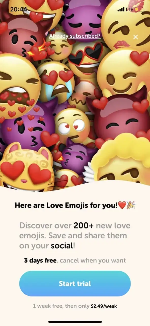 The paywall screen of the Emoji Up app