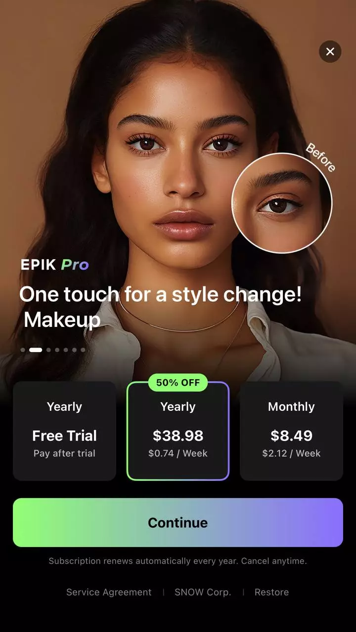 The paywall screen of the EPIK app