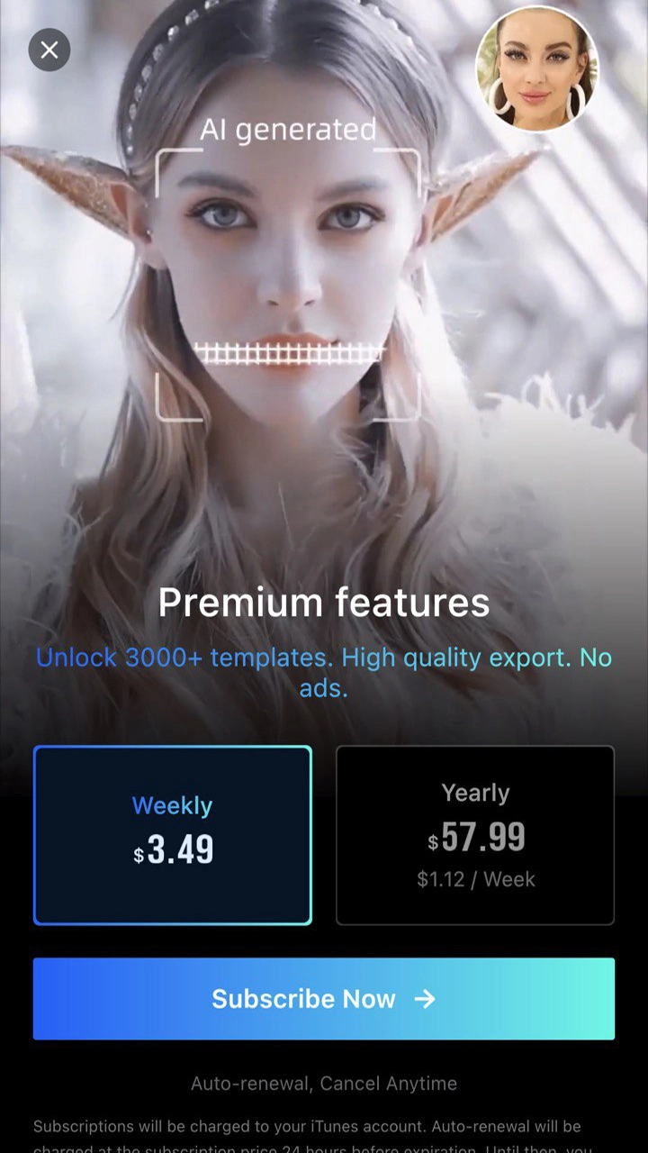 The paywall screen of the FacePlay app