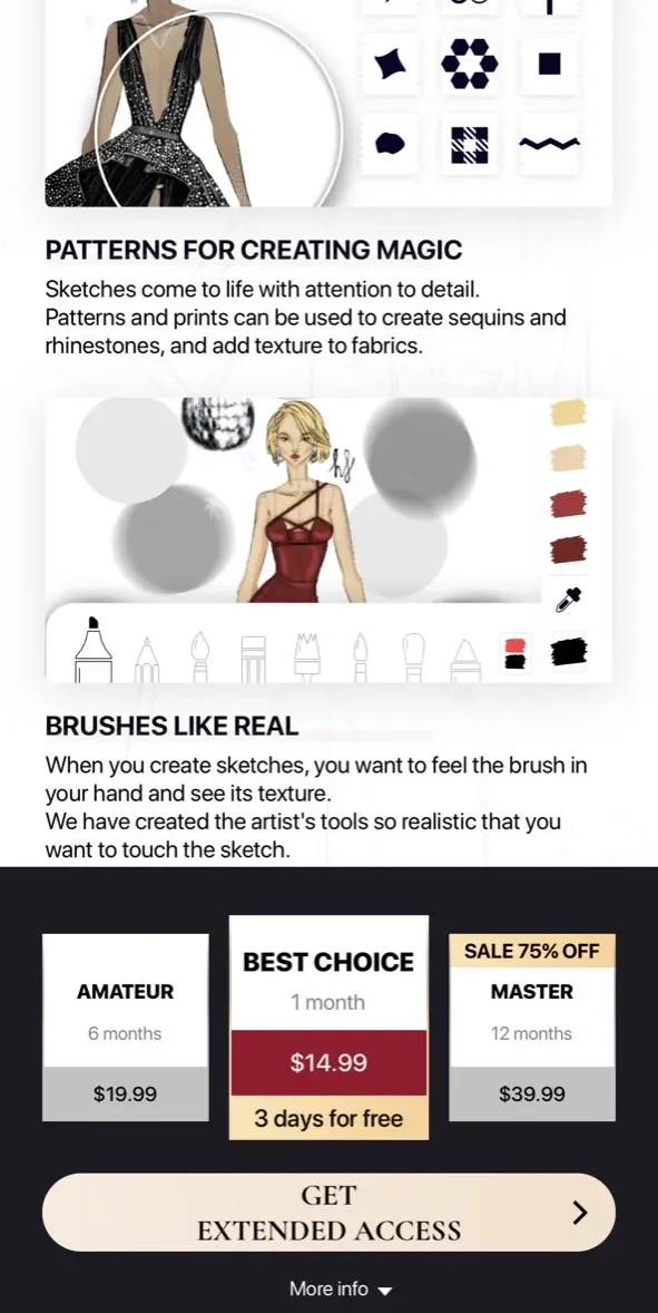 The paywall screen of the Fashion Design Sketches app