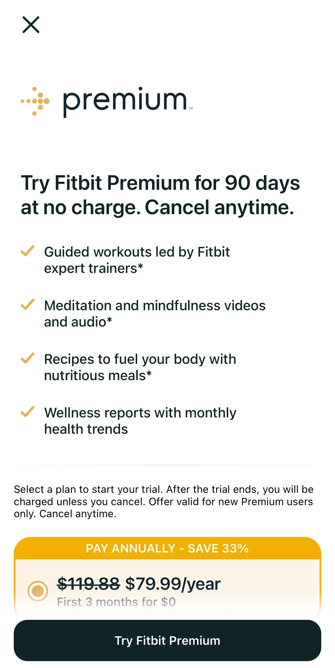 The paywall screen of the Fitbit app