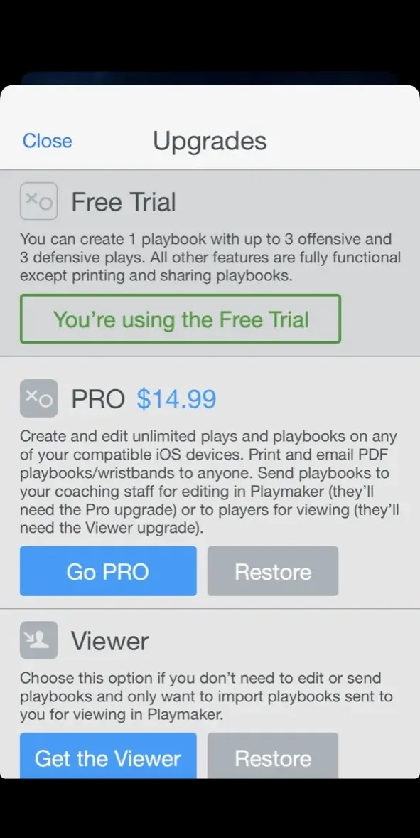 The paywall screen of the Flag Football Playmaker app