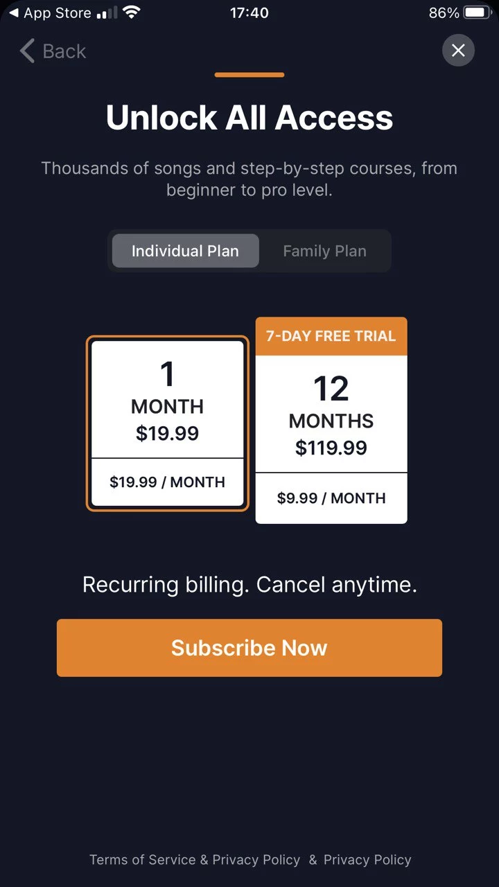 The paywall screen of the flowkey app