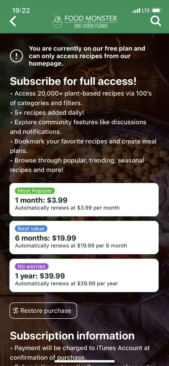 The paywall screen of the Food Monster app