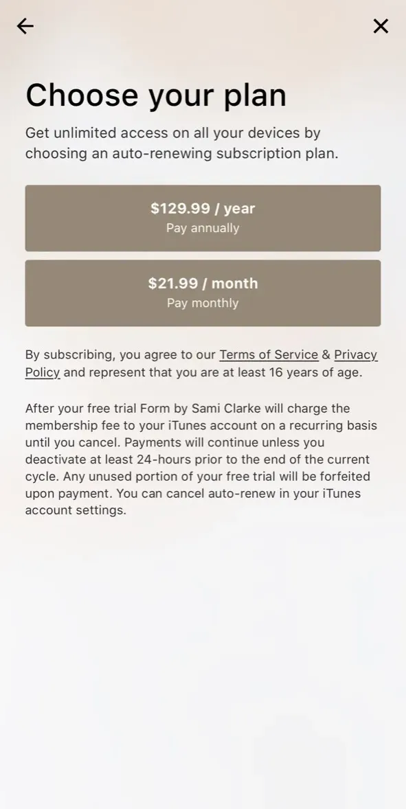 The paywall screen of the FORM app