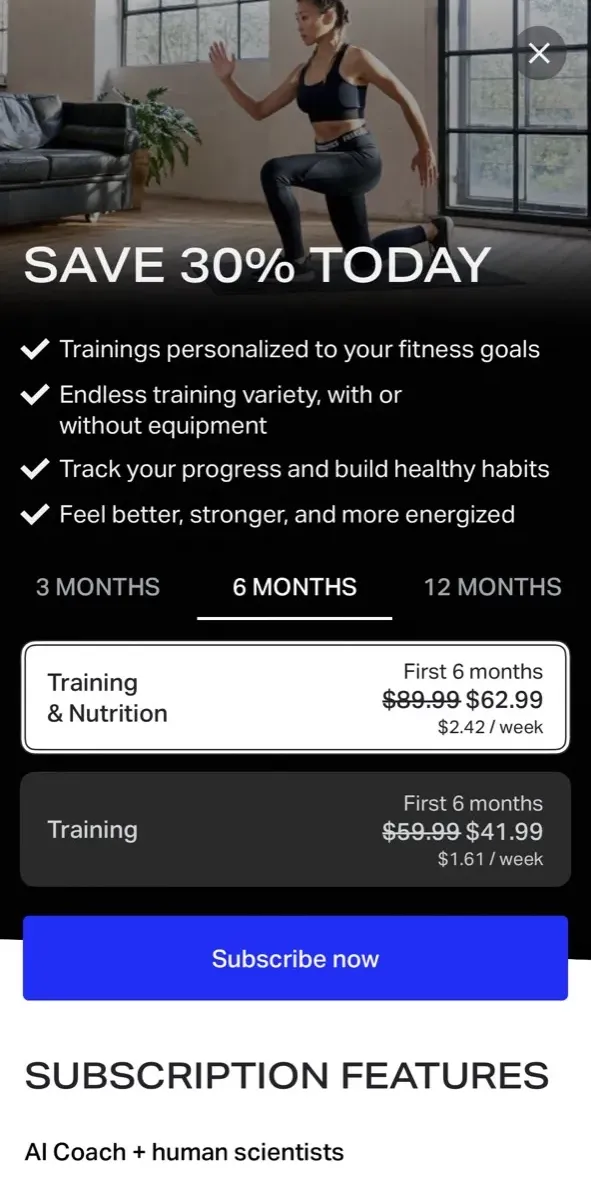 The paywall screen of the Freeletics app