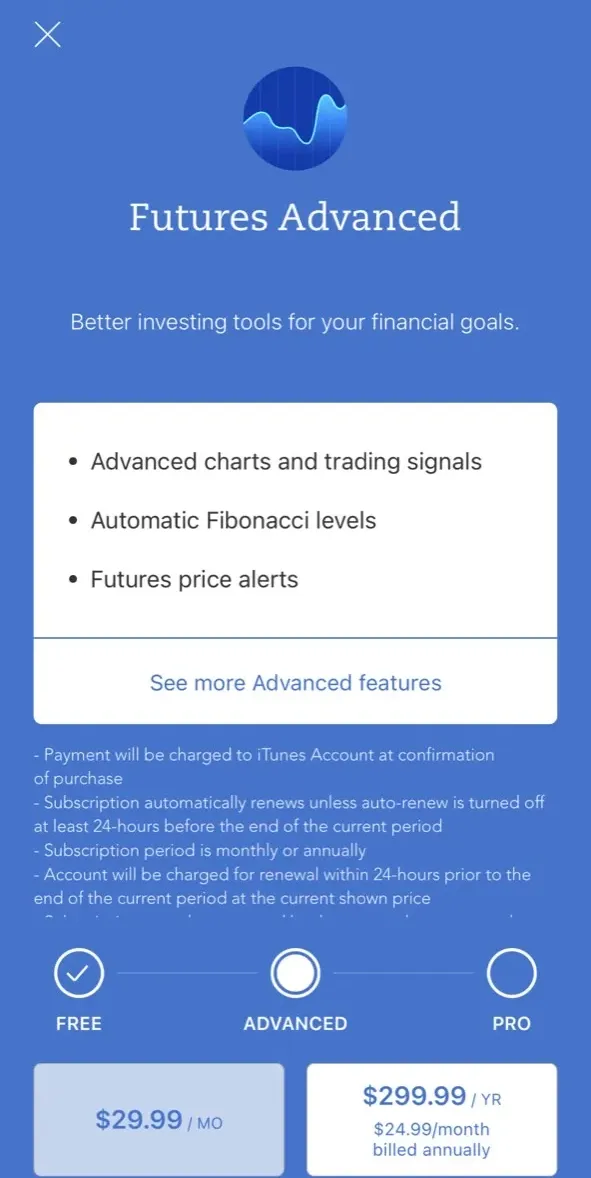 The paywall screen of the Futures app