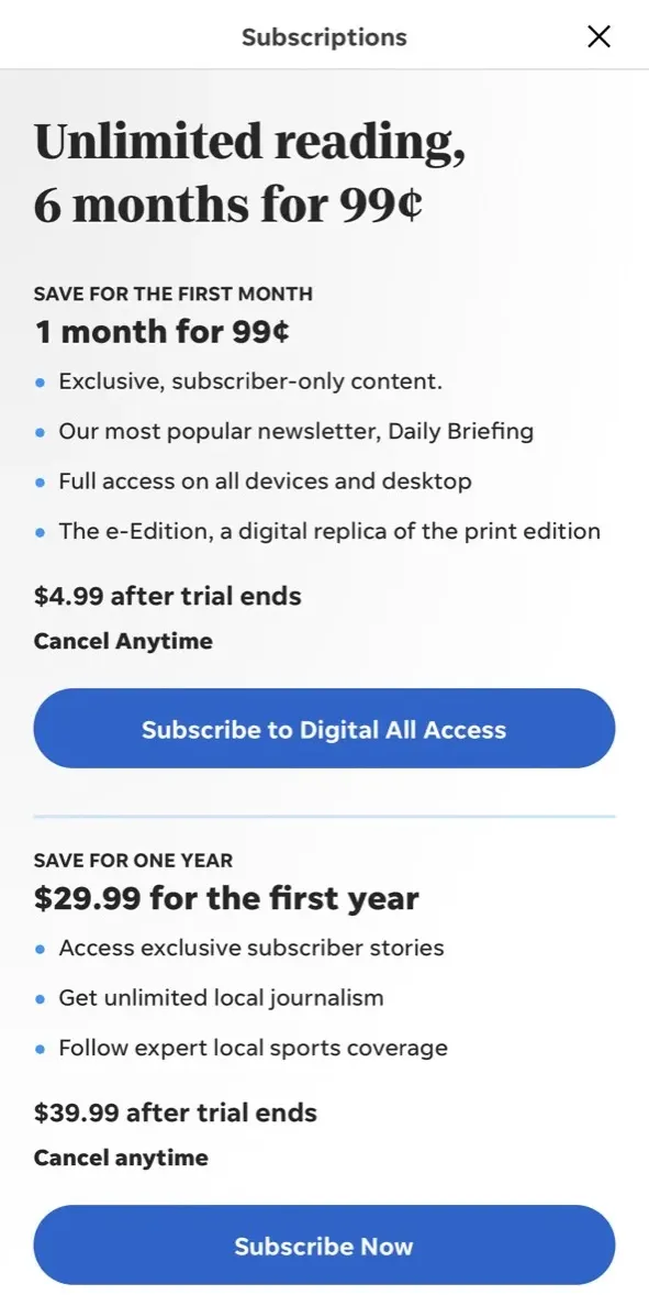 The paywall screen of the true app