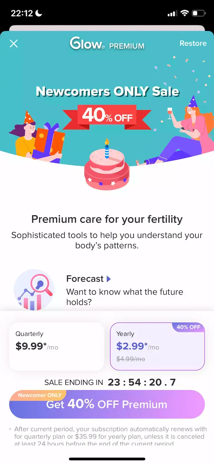 The paywall screen of the Glow Ovulation app