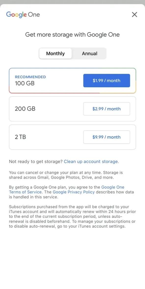 The paywall screen of the Google Drive app