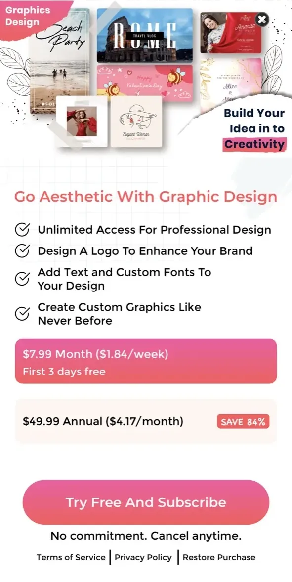 The paywall screen of the Graphic Design app