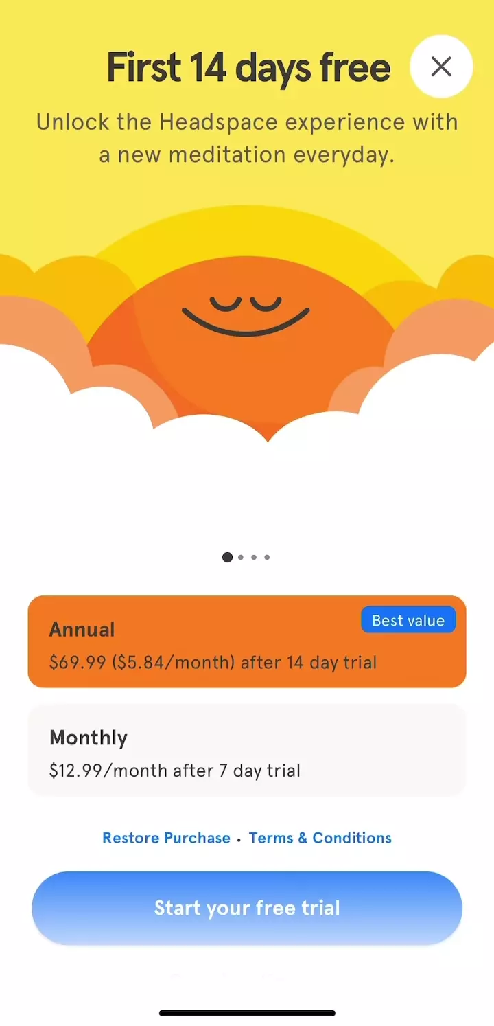 The paywall screen of the Headspace app