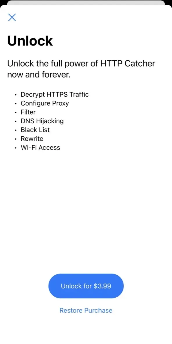 The paywall screen of the HTTP Catcher app