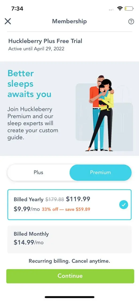 The paywall screen of the Huckleberry app