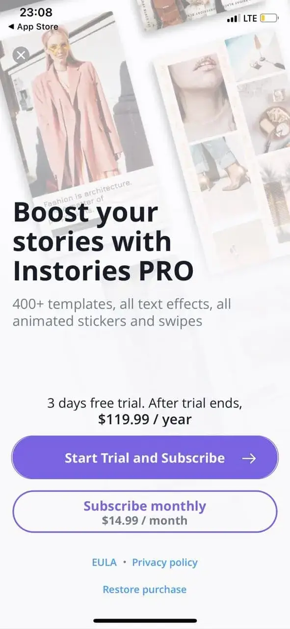 The paywall screen of the InStories Reels app