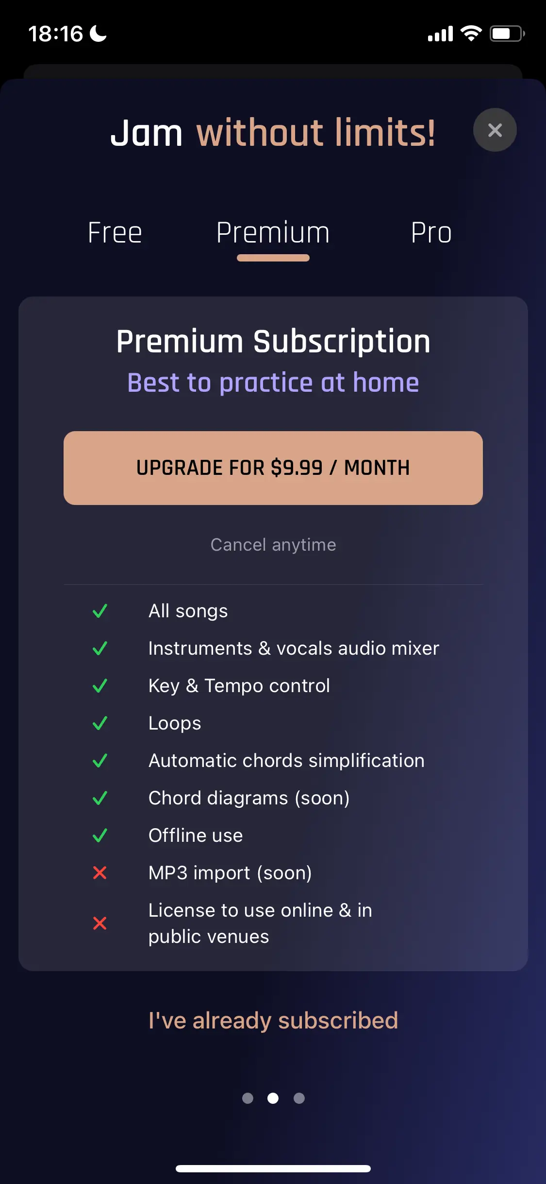 The paywall screen of the Jamzone app