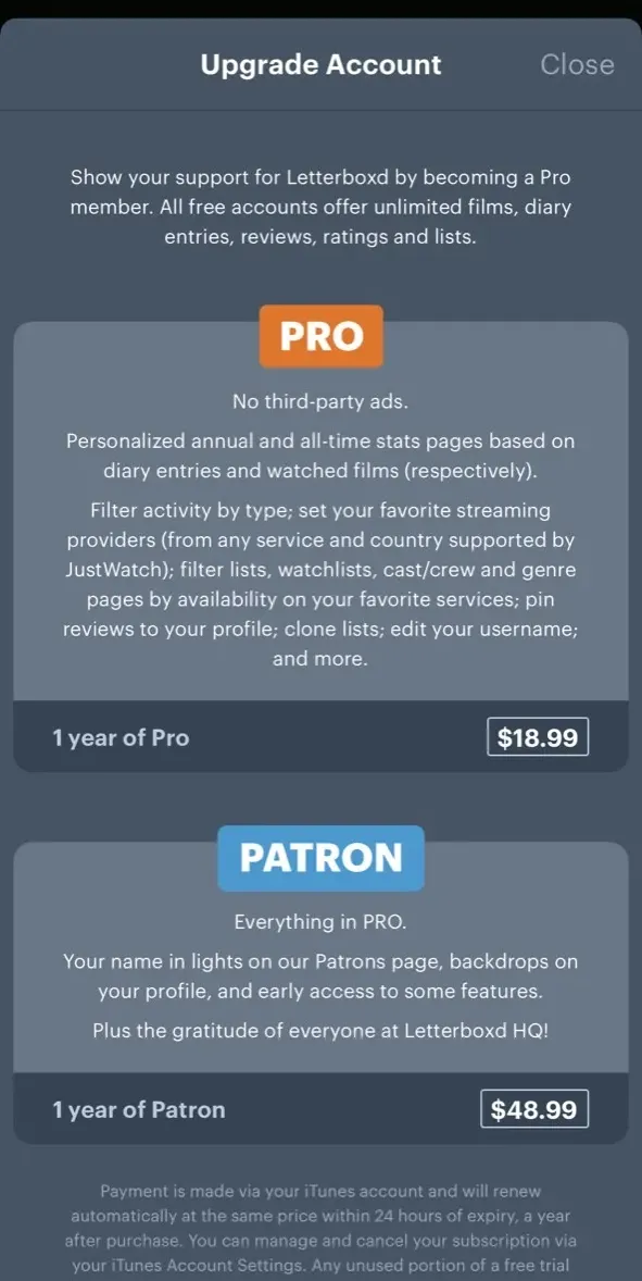 The paywall screen of the Letterboxd app