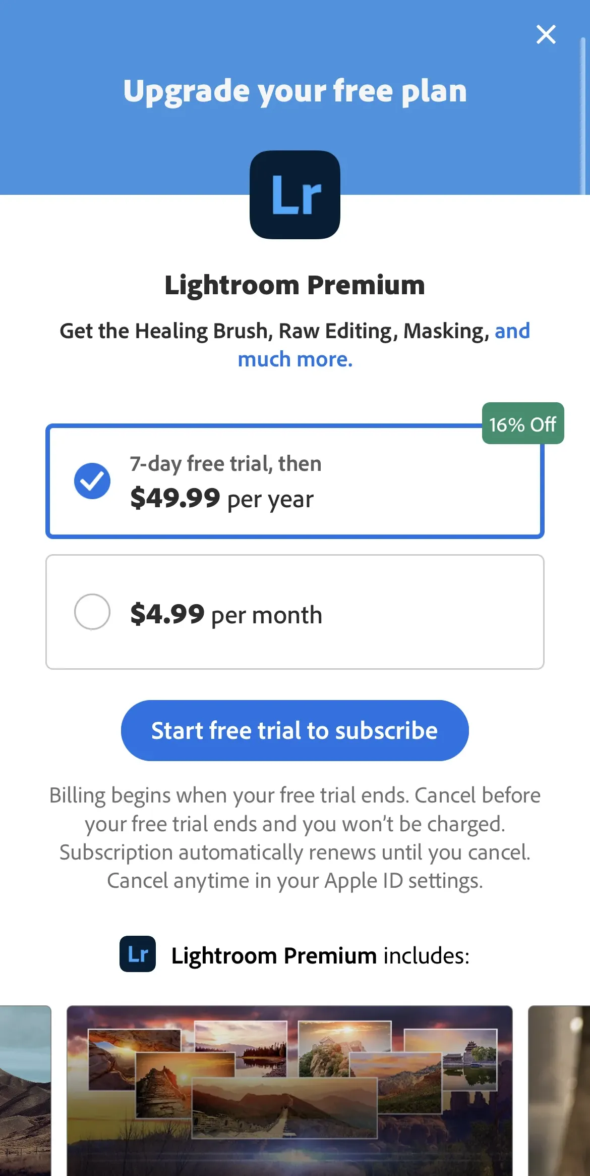 The paywall screen of the true app