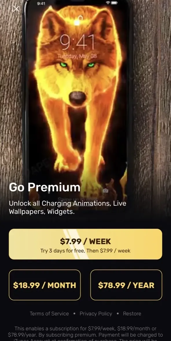 The paywall screen of the true app