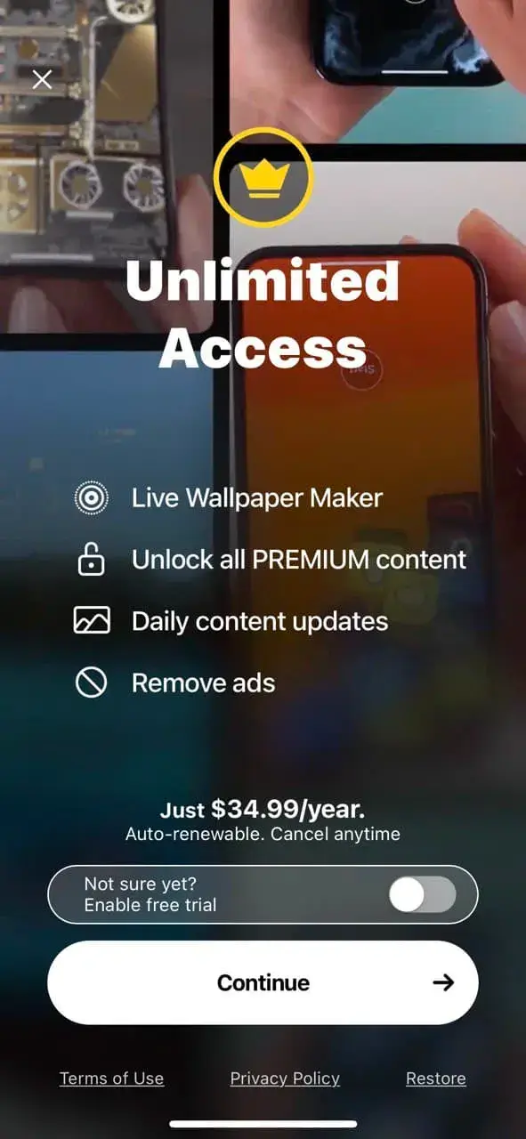 The paywall screen of the Live Wallpaper Maker 4K app