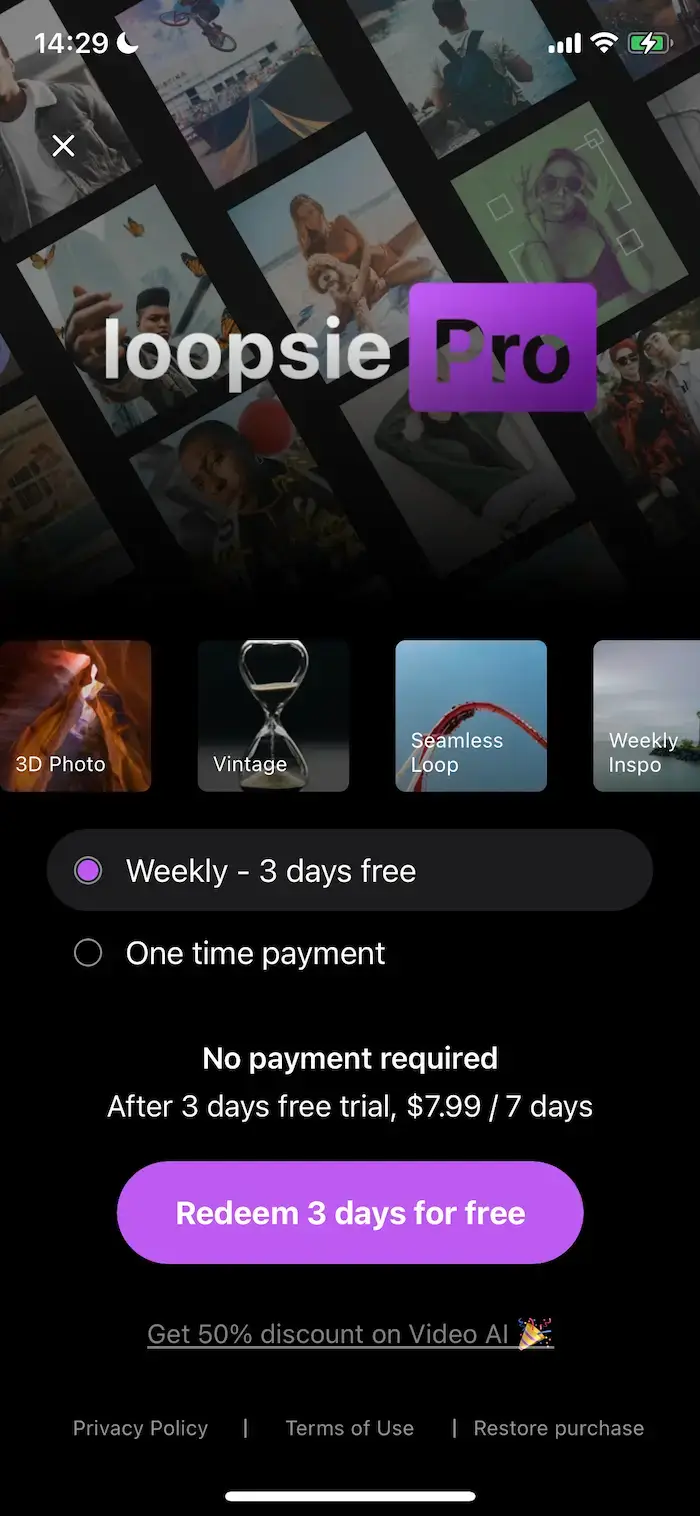 The paywall screen of the Loopsie app