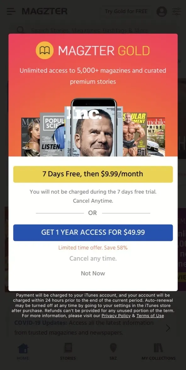 The paywall screen of the true app