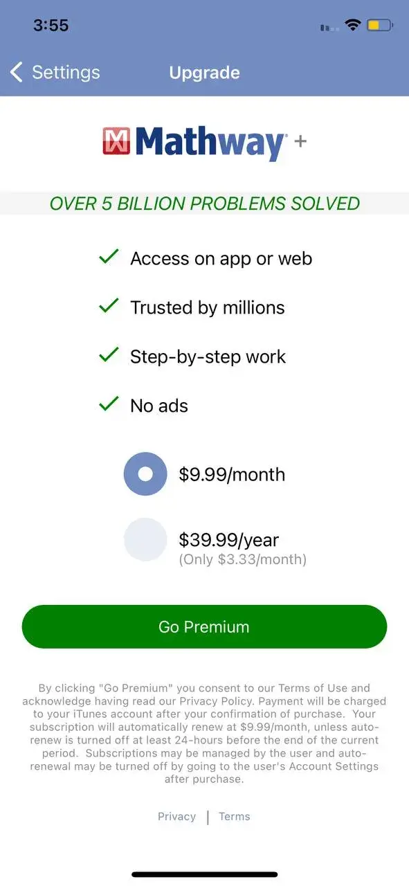 The paywall screen of the Mathway app