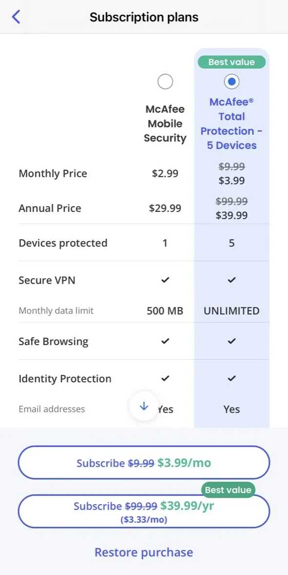 The paywall screen of the McAfee Security app