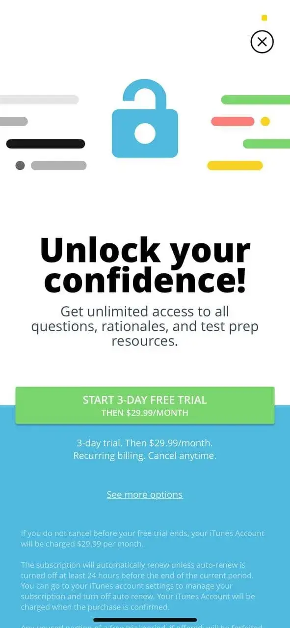 The paywall screen of the MCAT Prep Mastery app