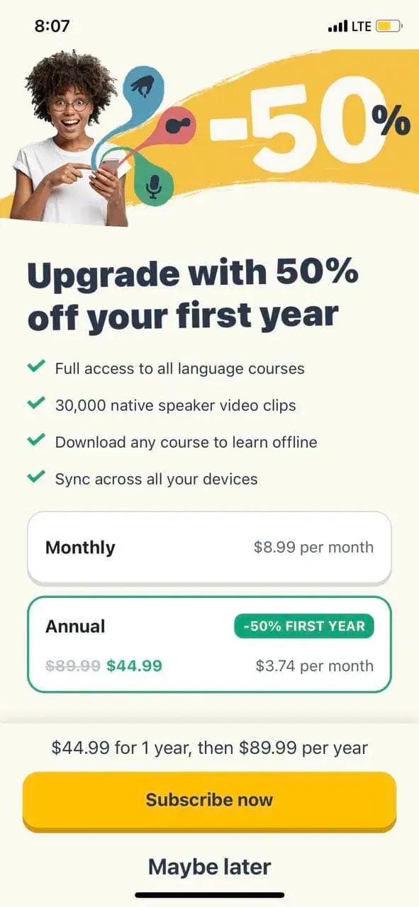 The paywall screen of the Memrise Easy Language app