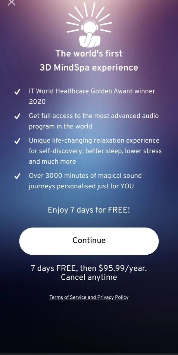 The paywall screen of the MindSpa app