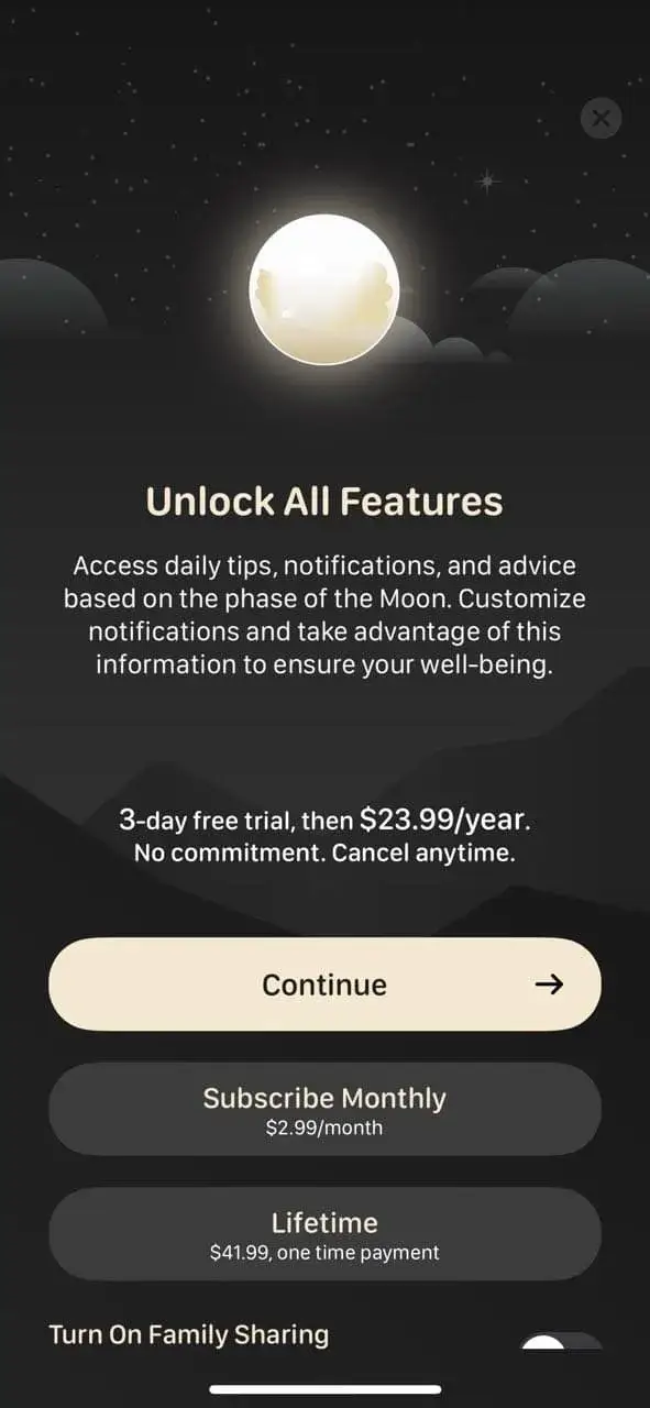 The paywall screen of the MoonX app