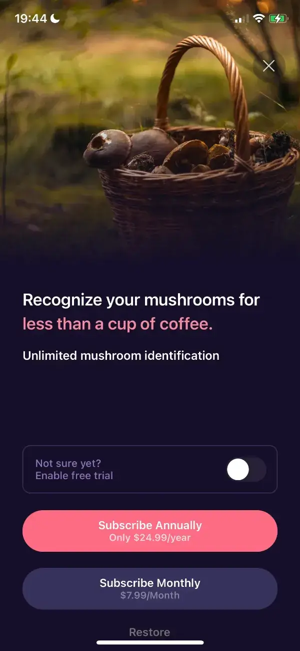 The paywall screen of the Mushroom ID app